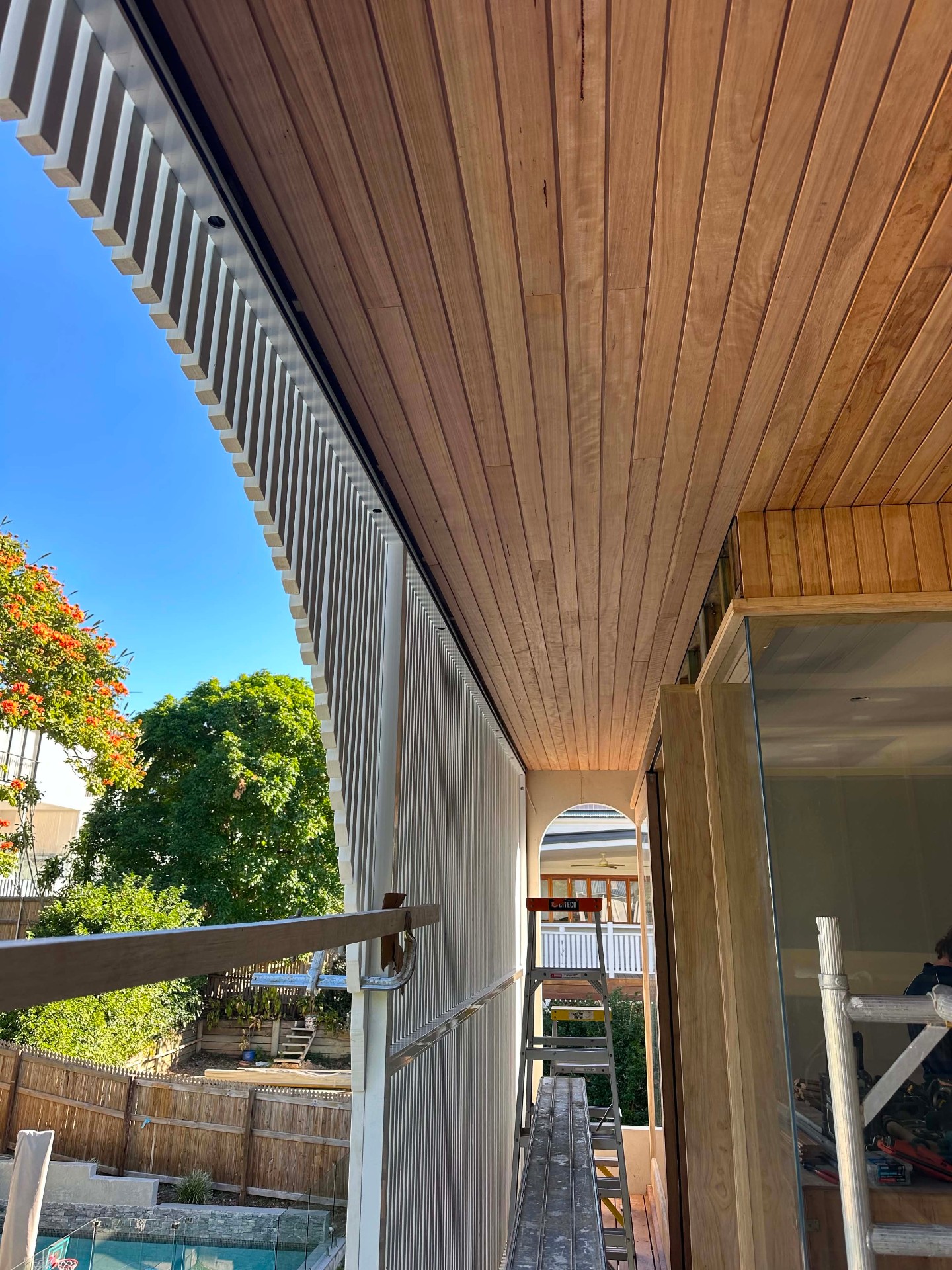 Timber-lined eaves detail